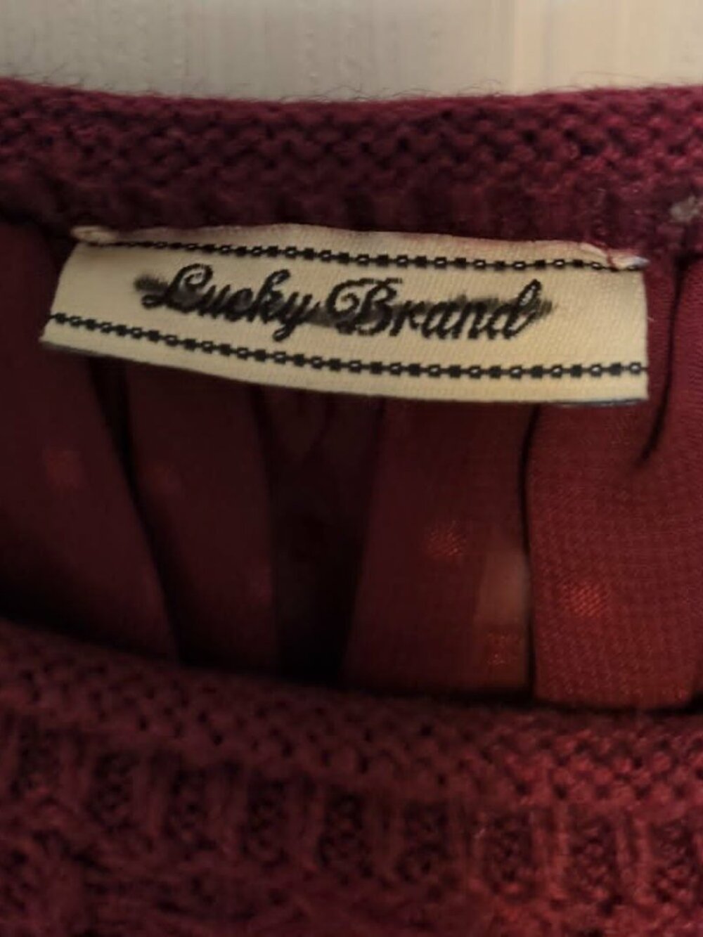 Lucky Brand Layered Sweater Sz M Chiffon Flyaway Back Maroon Romantic Feminine - Picture 4 of 8